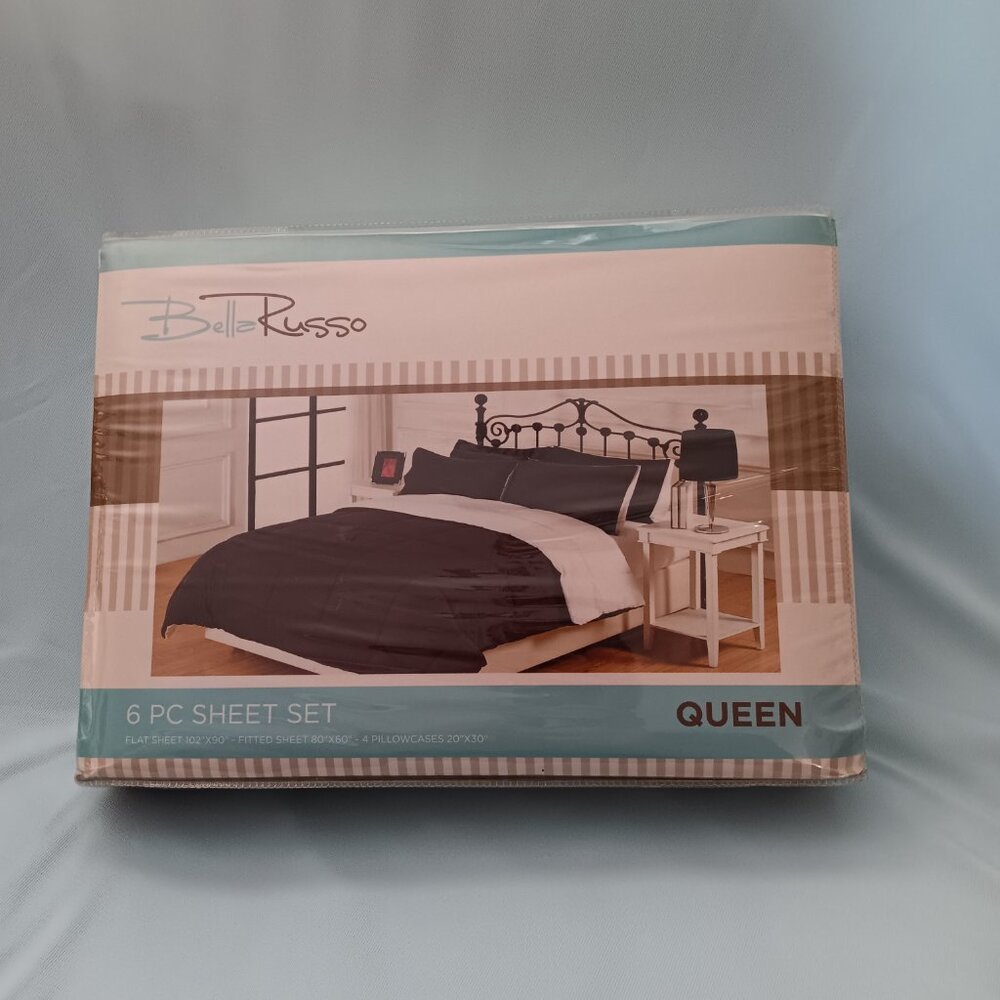 Bella Russo Microfiber 6 Piece Queen Sheet Set Brown and White NEW!!